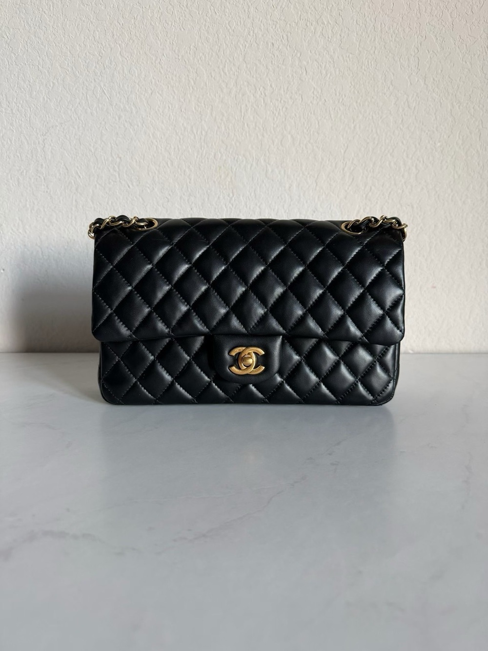 AUTHENTIC CHANEL Classic Double Flap Medium Lambskin Black with Gold Hardware